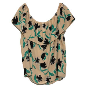 𝅺c&e Off Shoulder Top with Ruffle Tan Background Black Green Print Size XL